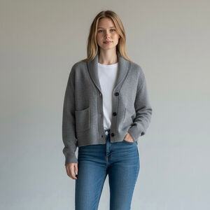Raquel Allegra Grey Cashmere Merino Wool Cardigan Shawl Grandpa Sweater Sz Large